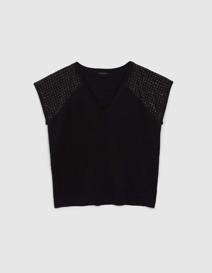Schwarzer Damen-Strickpullover kurze &Auml;rmel und Strass-6