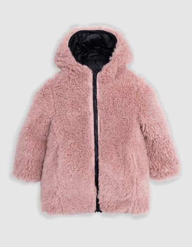 Chaqueta larga de sherpa reversible negra y rosa para niña - IKKS