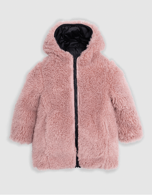 Girl's long reversible black and pink sherpa jacket - IKKS