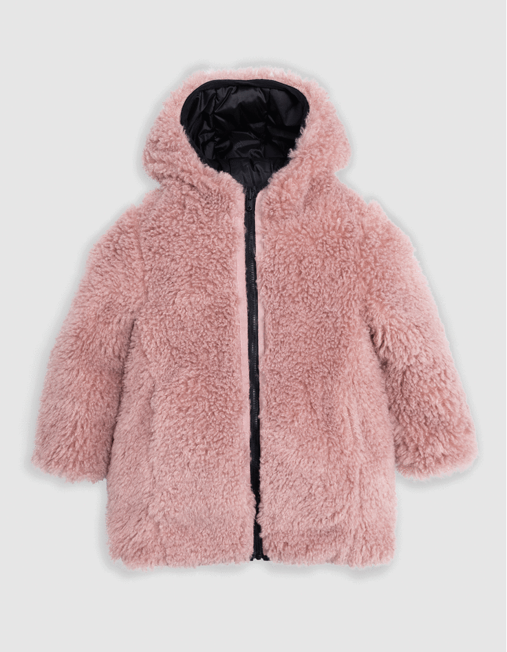 Doudoune longue reversible noire et sherpa rose fille IKKS