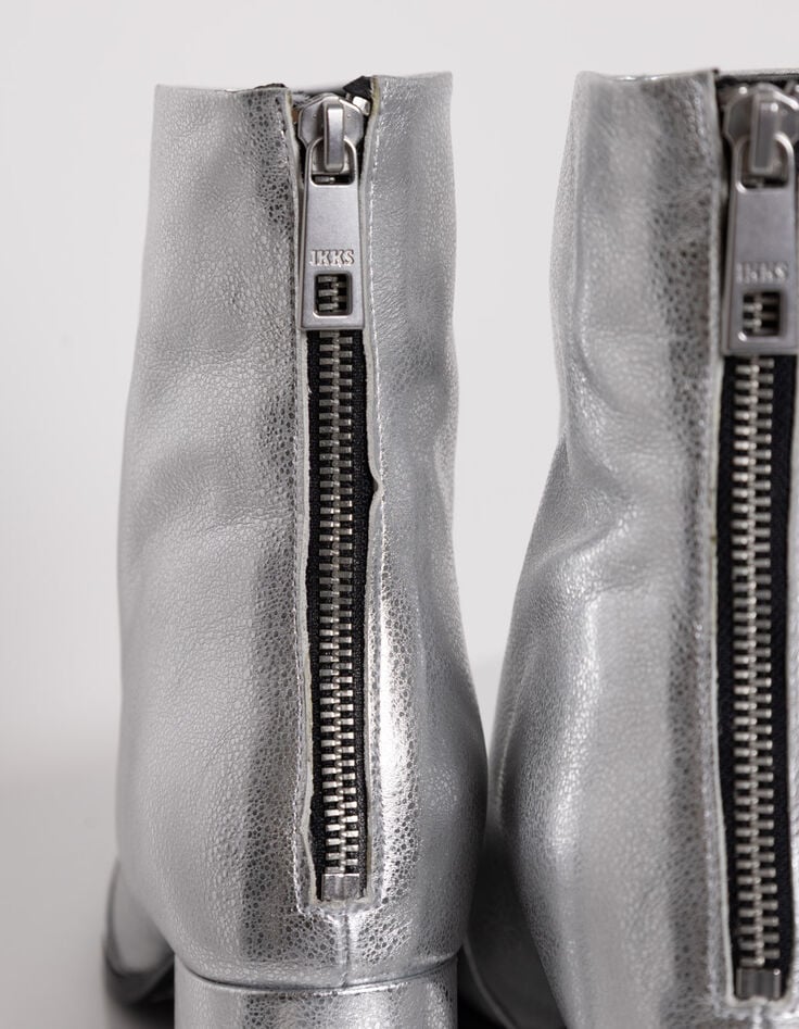 Women's silver leather zipped heeled boots-5
