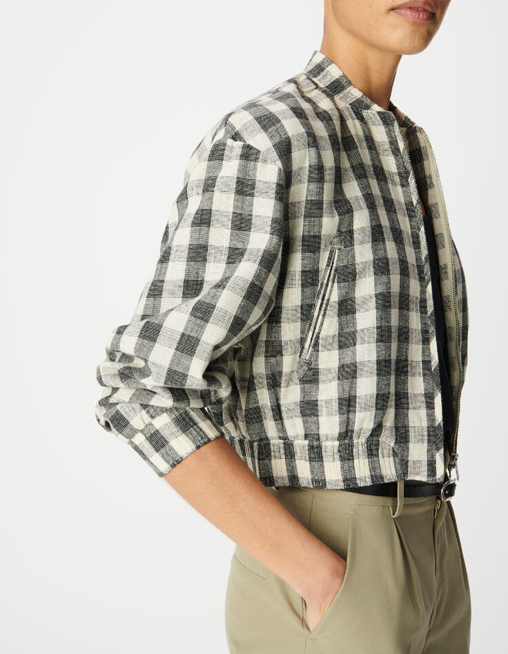 Blouson court &eacute;cru motif carreaux Femme-5