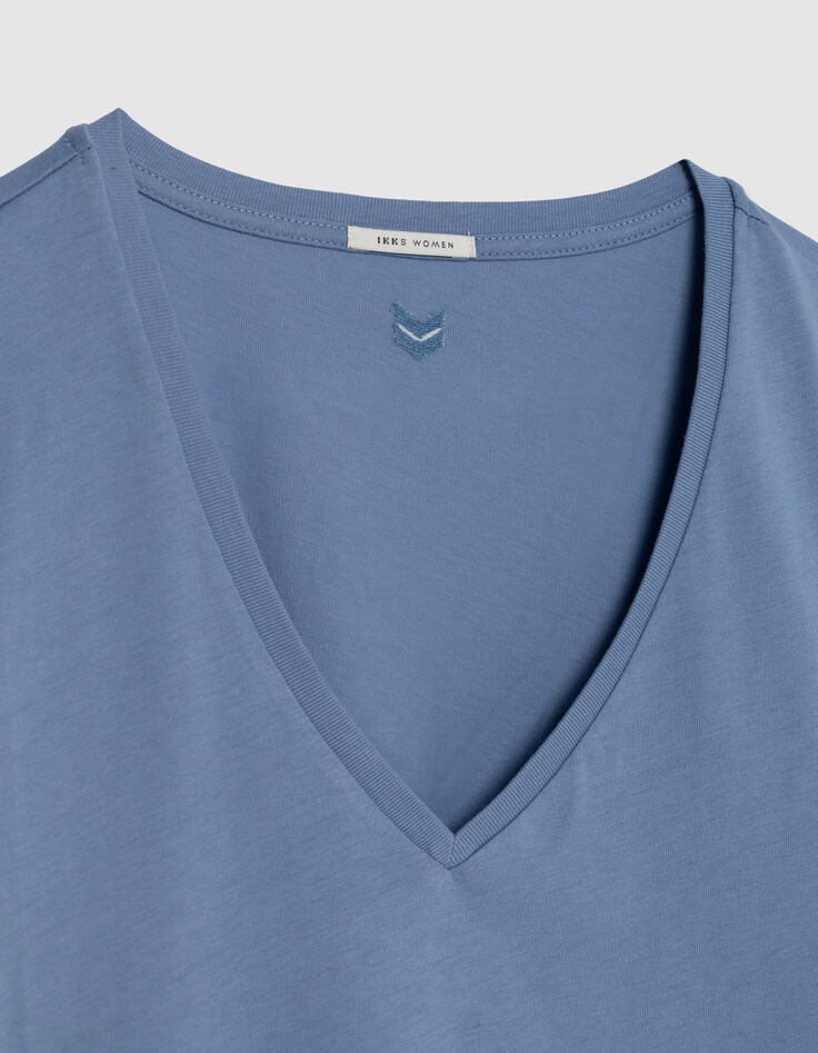 Turquoise Katoenen V-hals T-shirt voor Dames-2