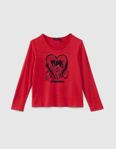 T-shirt rouge clair maxi visuel cœur devant fille - IKKS