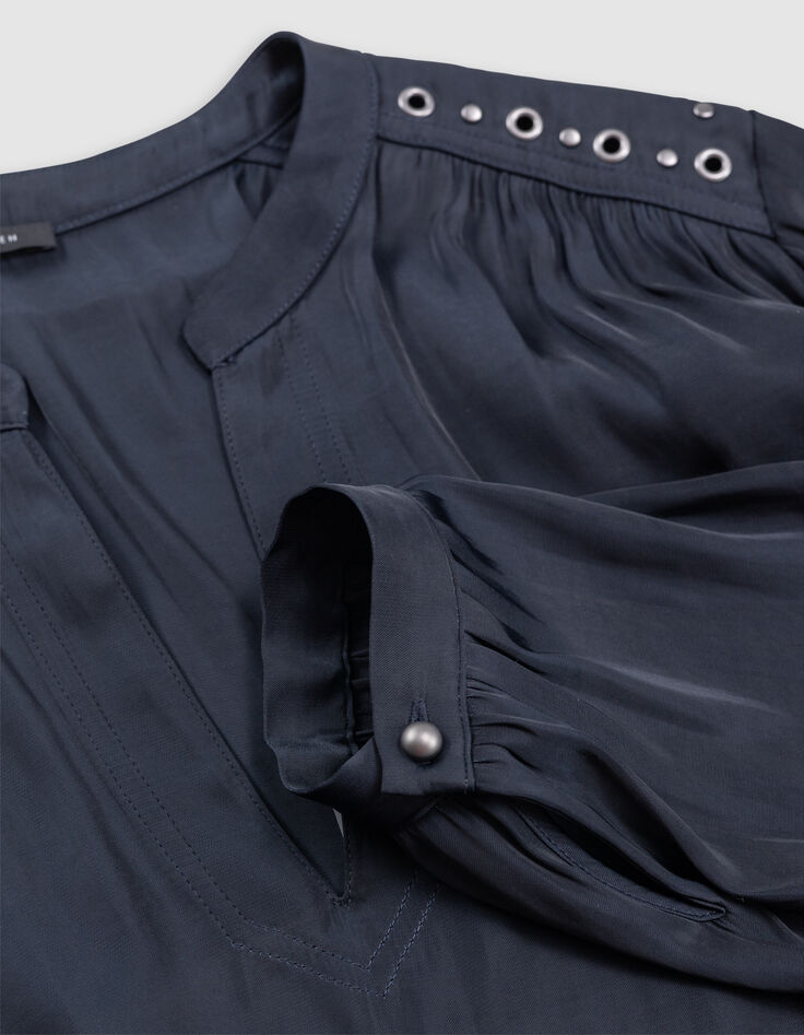 Women's crumpled recycled navy blouse with eyelet and stud decoration-2