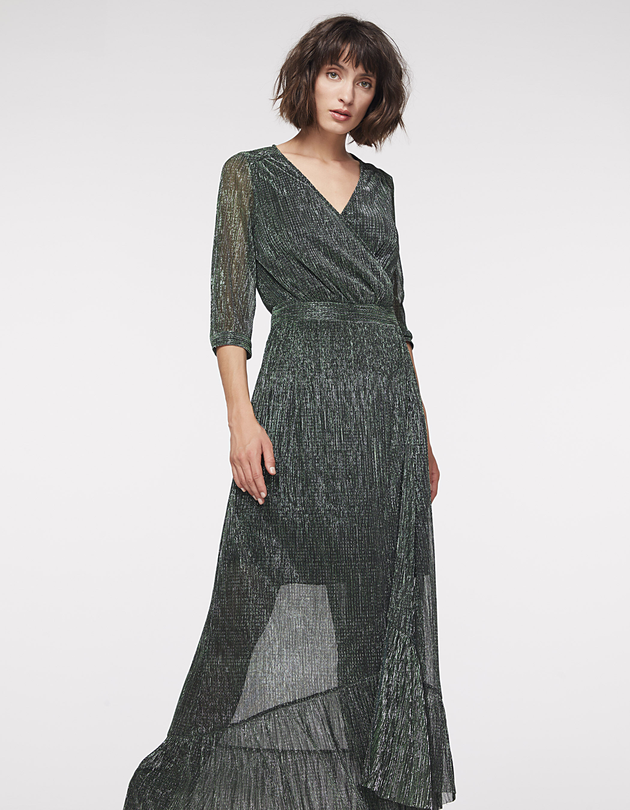 Decorative metallic fabric fitted long dress