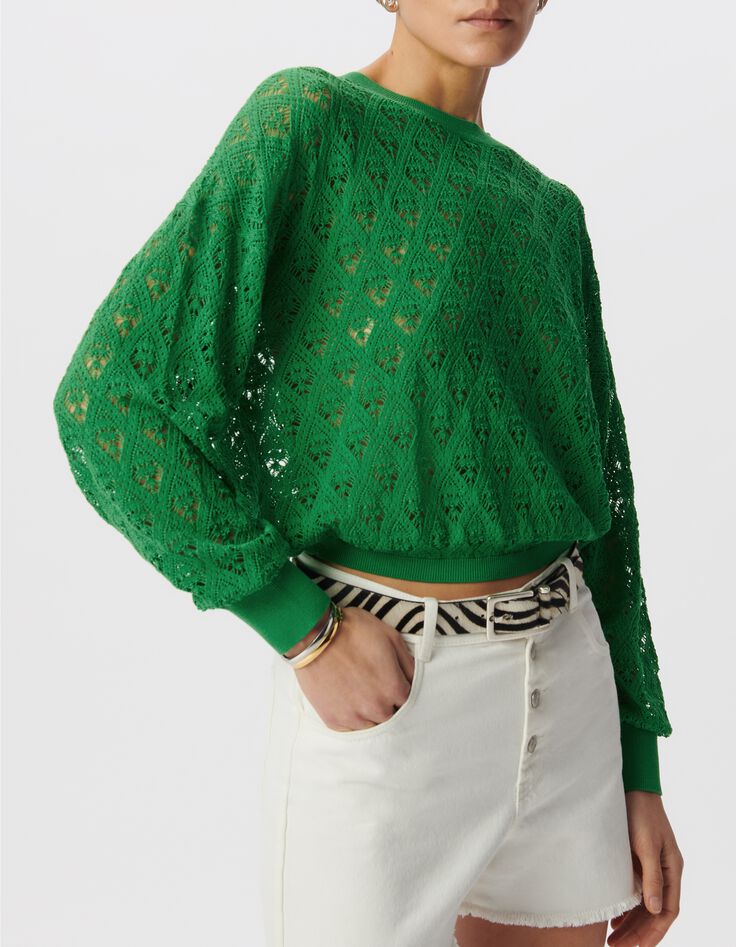 Pull vert tricot ajour&eacute; fa&ccedil;on crochet-2