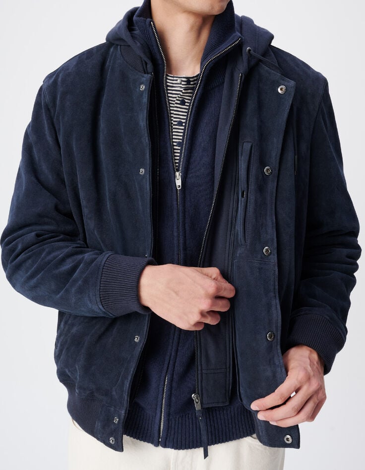 Donkerblauw su&egrave;de herenjack met afneembare capuchon-4