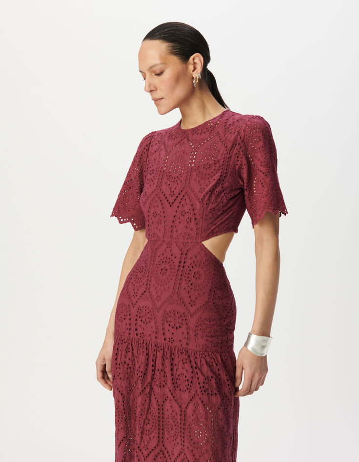 Robe longue bordeaux broderie anglaise ouverture dos Femme-5