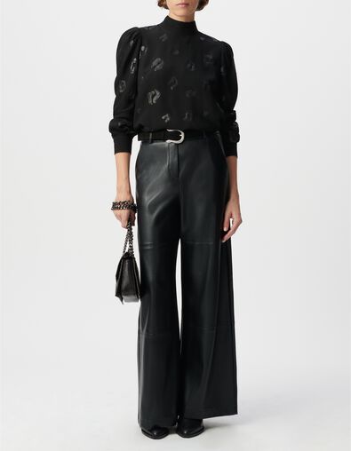 Blouse manche longue noire motif l&eacute;opard brod&eacute; sequins Femme - IKKS