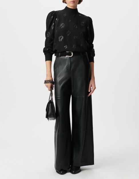 Blouse manche longue noire motif l&eacute;opard brod&eacute; sequins Femme - IKKS