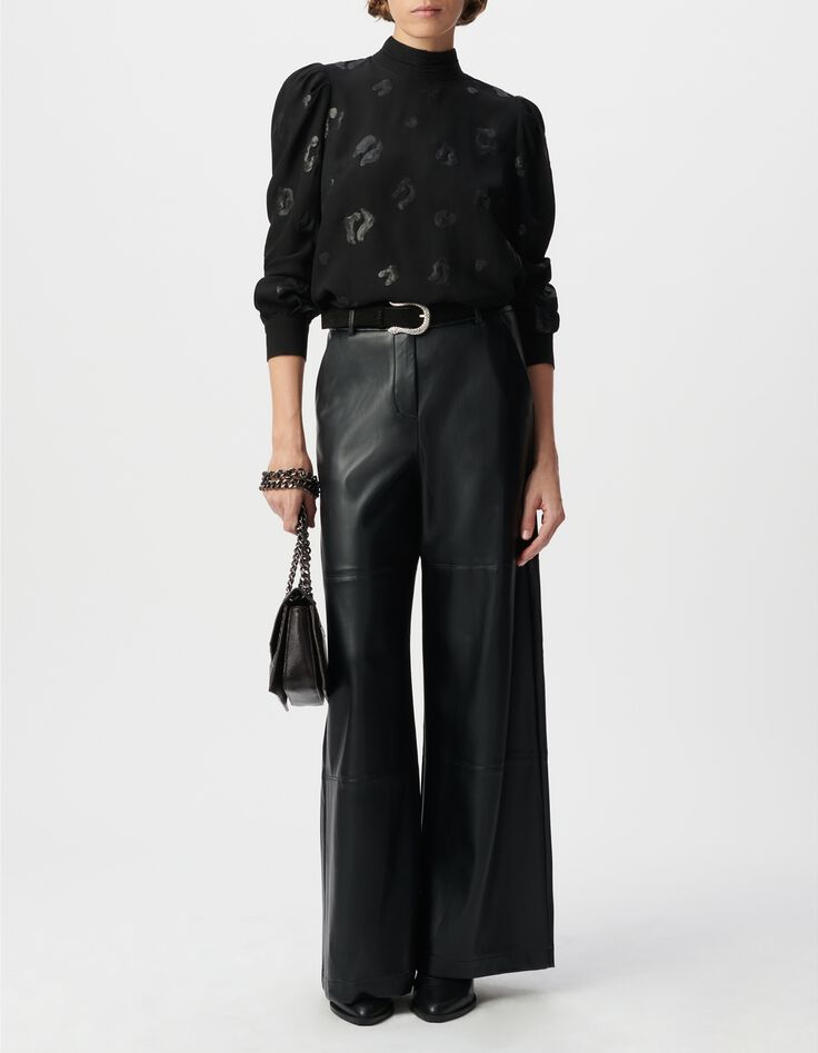 Blouse manche longue noire motif l&eacute;opard brod&eacute; sequins Femme-1