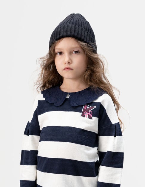 T-shirt marinière marine rayé écru col brodé fille - IKKS