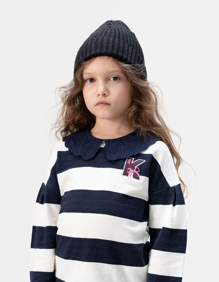 T-shirt marinière marine rayé écru col brodé fille-2 T-shirt marinière marine rayé écru col brodé fille-2