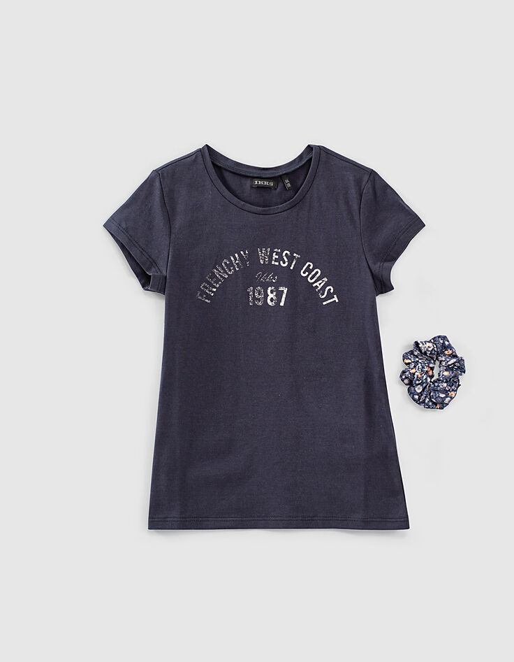 Navy bio T-shirt met bloemenscrunchie meisjes-7