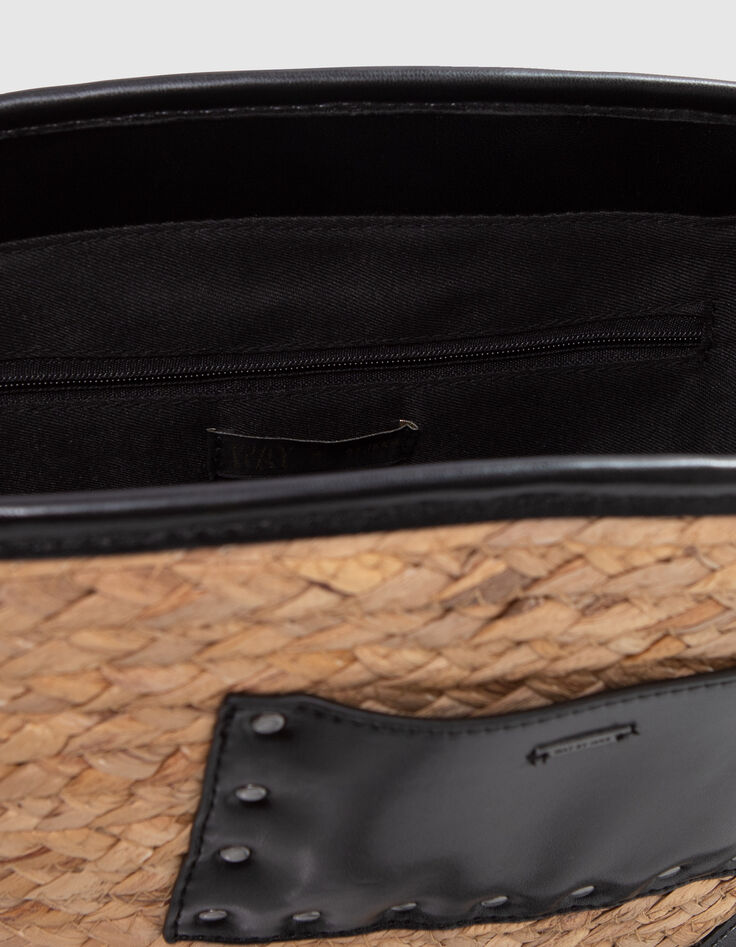 Beige und schwarze M&auml;dchenkorbtasche aus Stroh-5