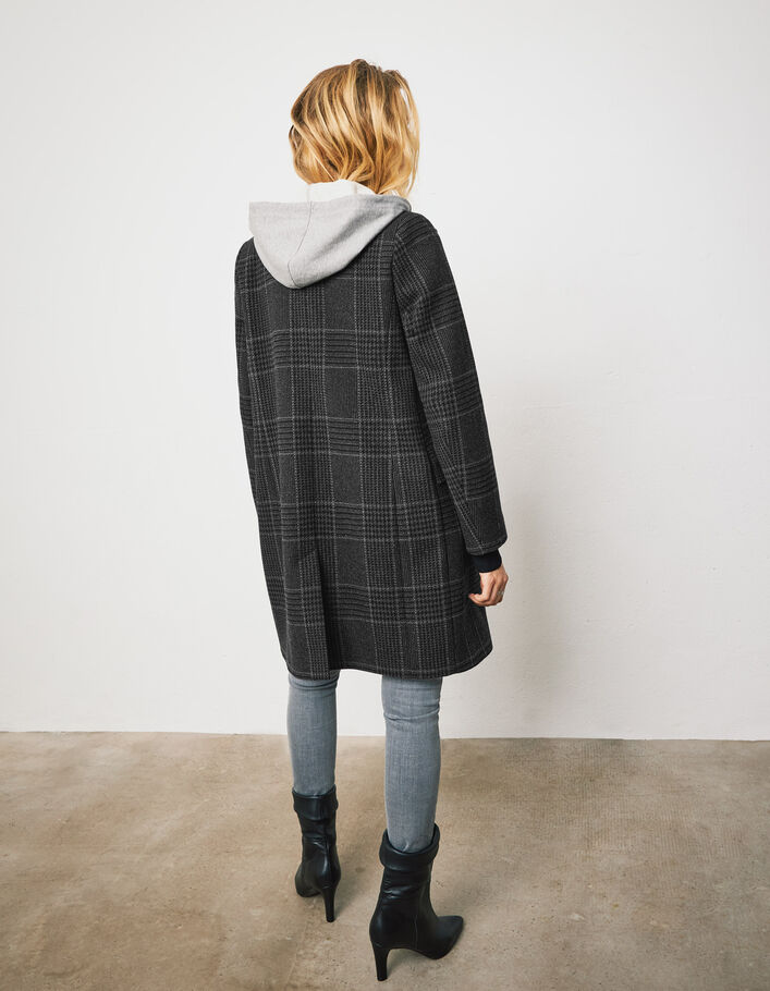 Women’s grey check long coat with sweatshirt fabric hood - IKKS