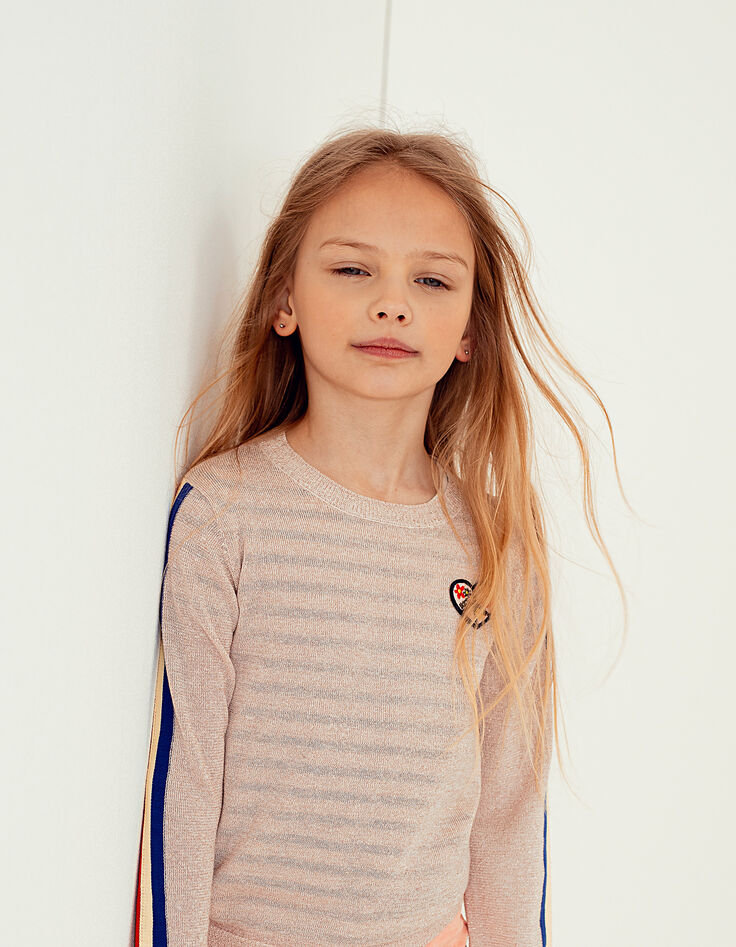 Pull rose poudré pailleté à bandes rayées fille-1