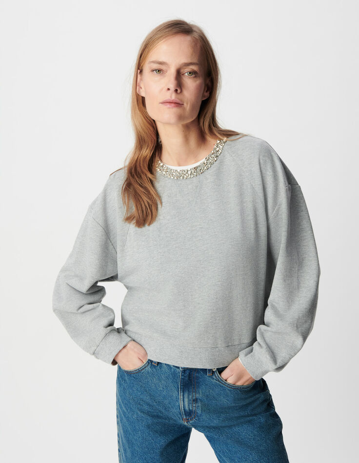 Sudadera oversize gris con cuello joya Mujer-1