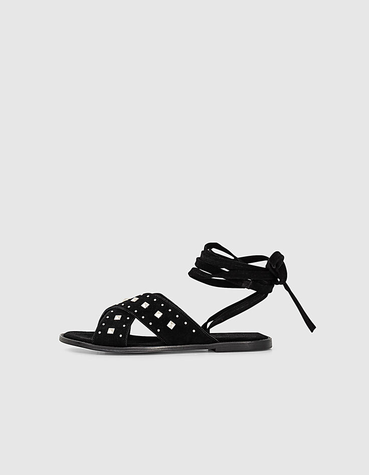 Sandales plates à lacet en cuir noir détails clous femme-2