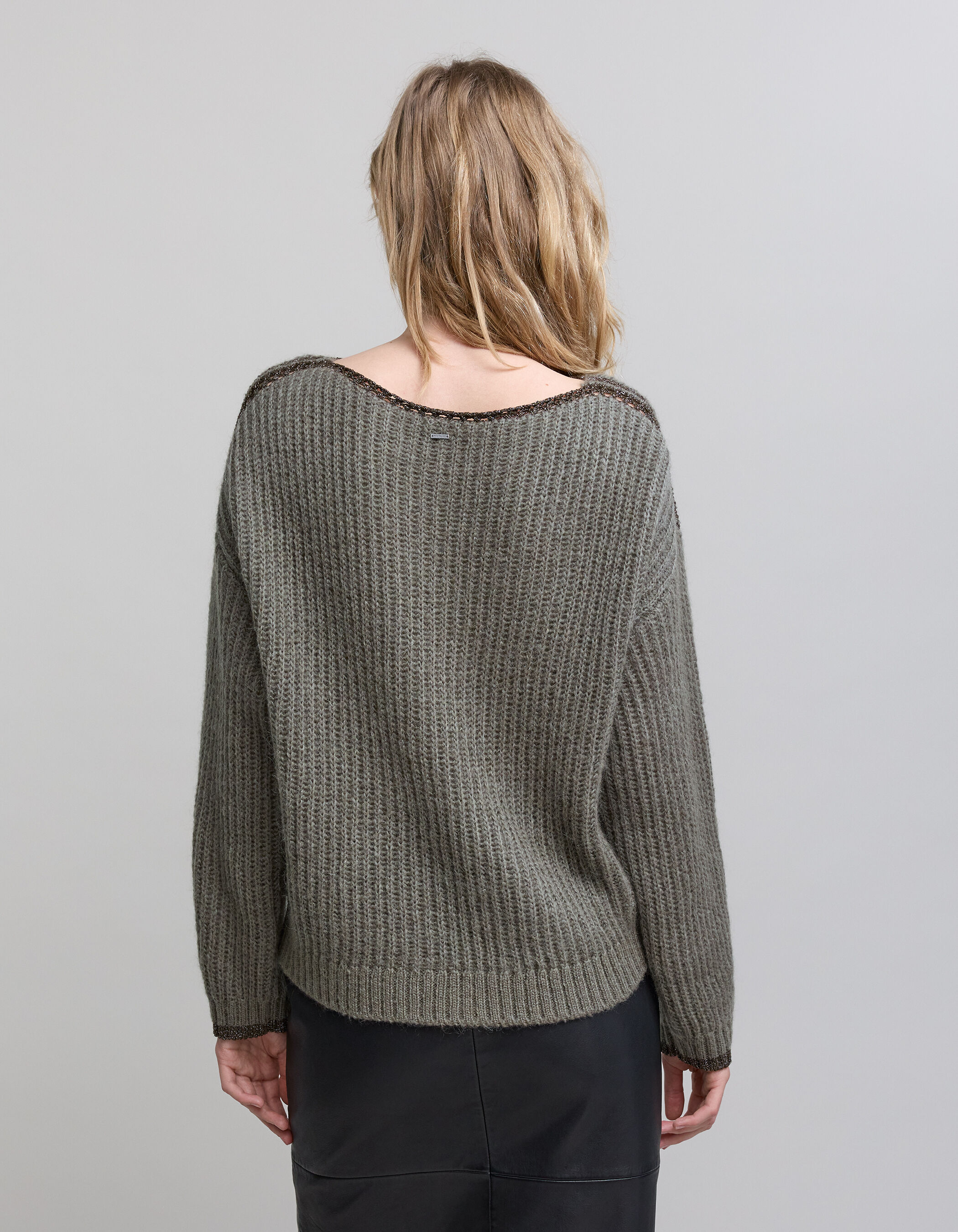 Women s army green ribbed knit sweater with lurex details