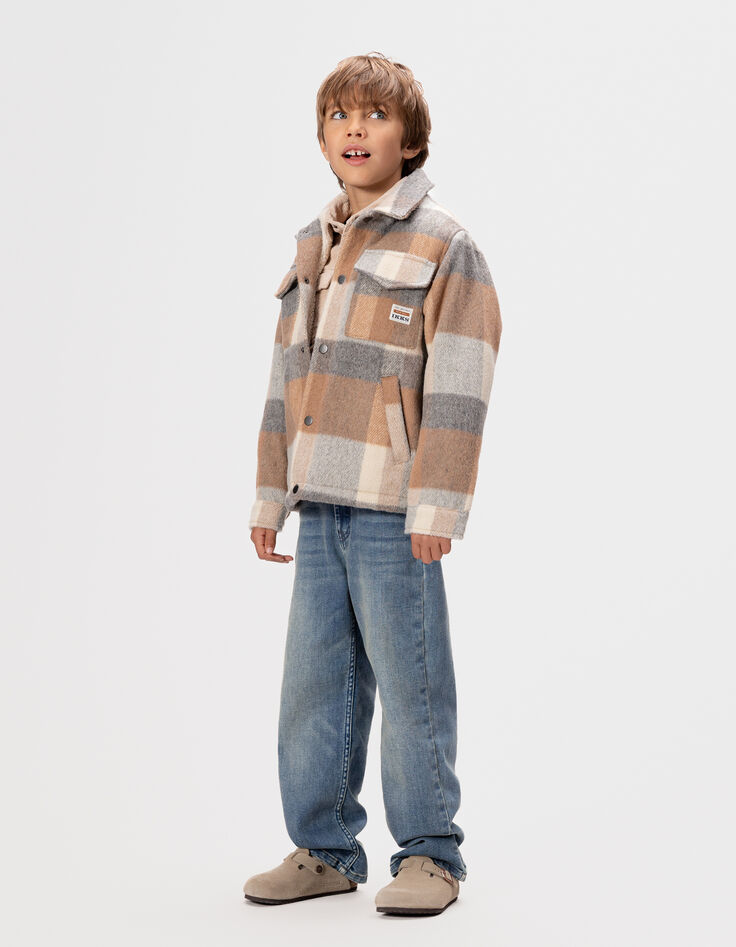 Boys’ beige check woolcloth fur-lined jacket-2