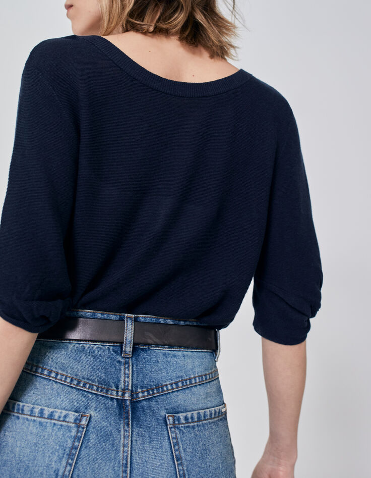 Pull marine tricot boutons dos réversible devant/dos femme-3
