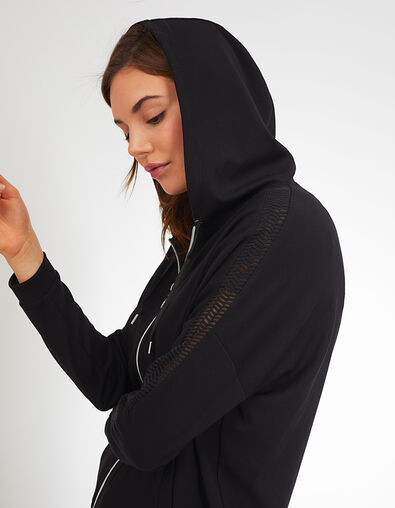 Zwart vest met rits, capuchon en geborduurde mouwen I.Code
