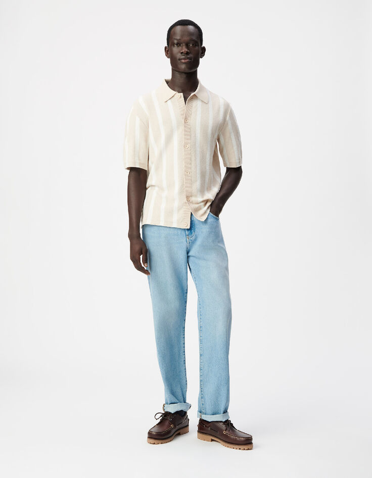 Camisa de punto beige de manga corta con rayas anchas-2