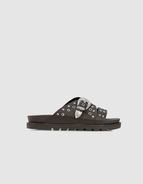Mules kaki cuir clouté boucle western Femme - IKKS