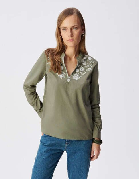 Mujer blusa con peto de algod&oacute;n org&aacute;nico caqui bordado - IKKS