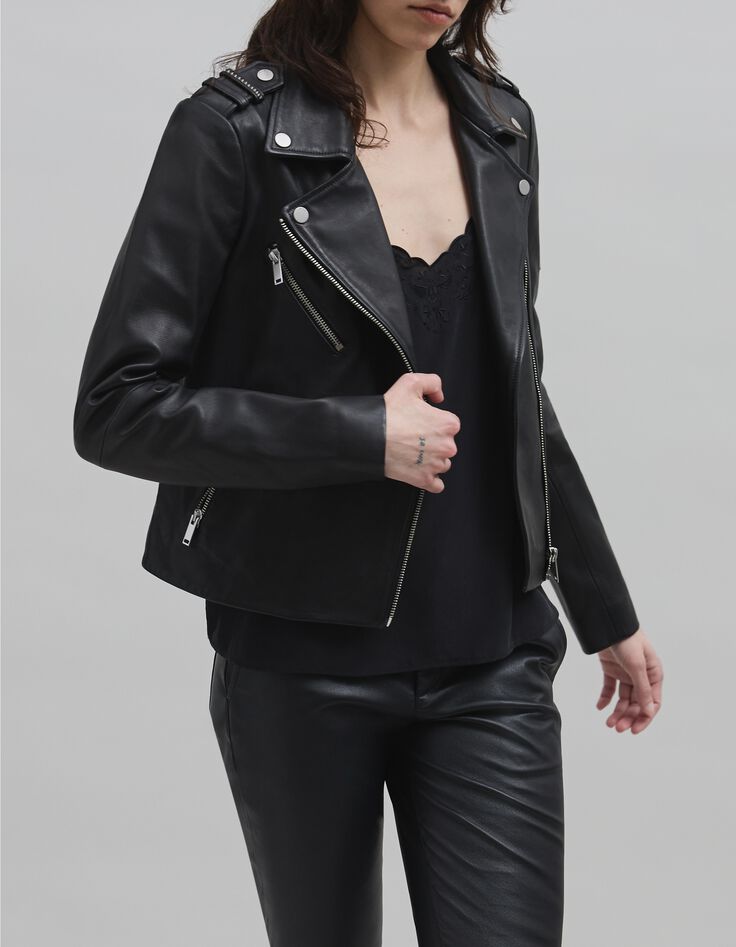 Veste cuir noir esprit motard broderie perle éclair Femme-5