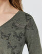 Kaki T-shirt kaki lange mouwen vlinders dames-3