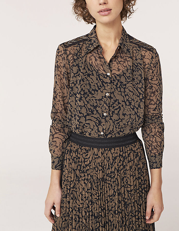 Voile damenblouse print kaki en zwart sieraden schouders-1