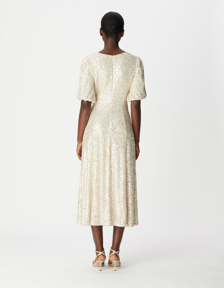 Vestido dorado lentejuelas con lazo Mujer-3