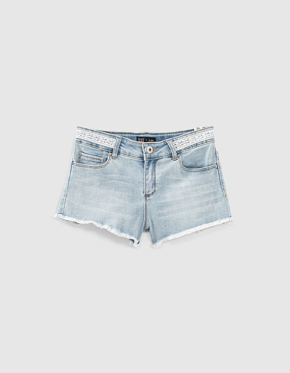Girls’ bleach blue organic denim shorts with lace