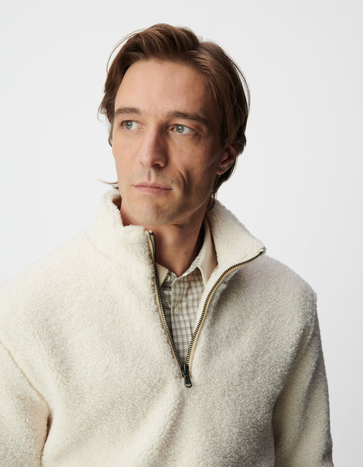 Sweat blanc sherpa col et poches zipp&eacute;es Homme-5