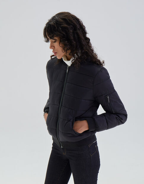 Women’s black high-collar short light padded jacket, badge