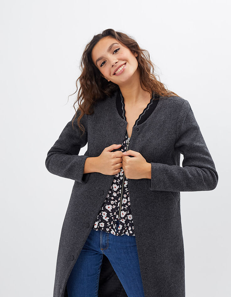 I.Code grey anthracite marl long coat with rib trim collar-1