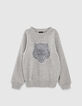 Sweat gris bi matière avec tête de tigre brodé garçon -1