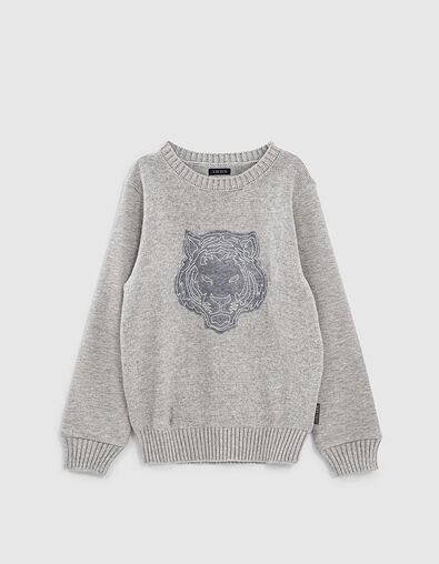 Sweat gris bi matière avec tête de tigre brodé garçon  - IKKS