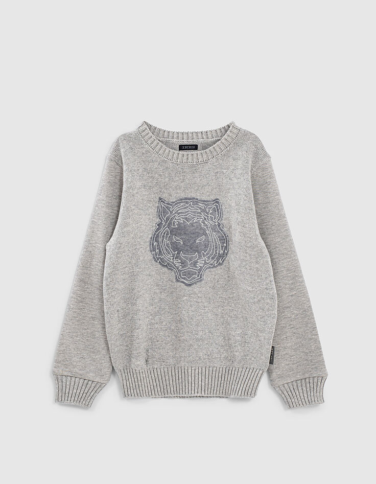 Sweat gris bi matière avec tête de tigre brodé garçon -1