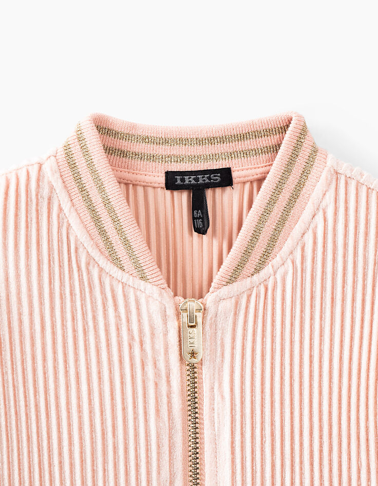Cardigan rose poudré forme bomber en velours plissé fille-3