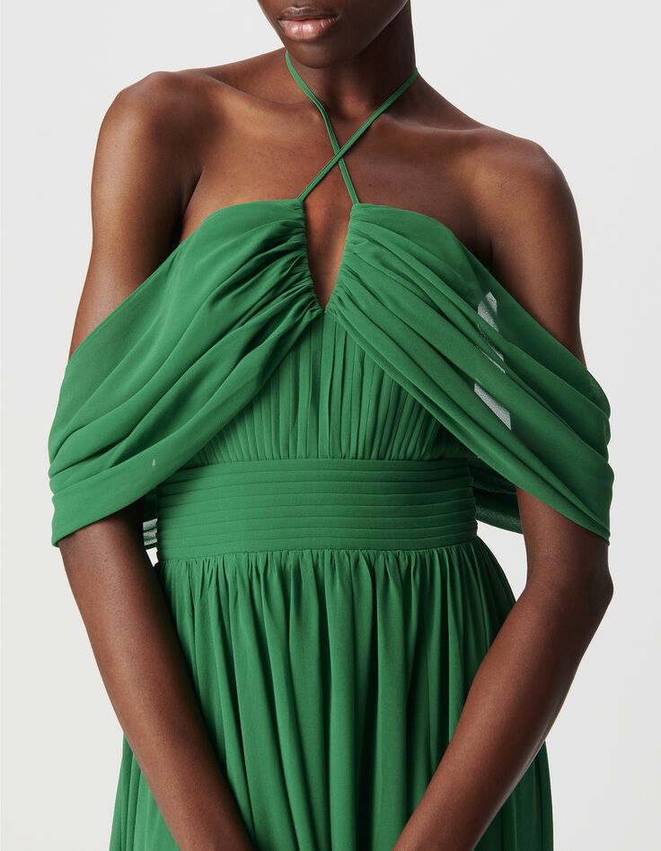 Women's green long dress with draped straps-4