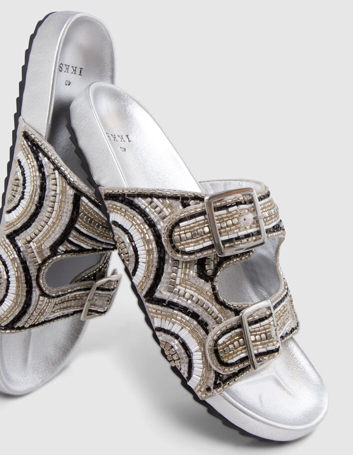 Women’s silver metallic leather mules with bead embroidery - IKKS