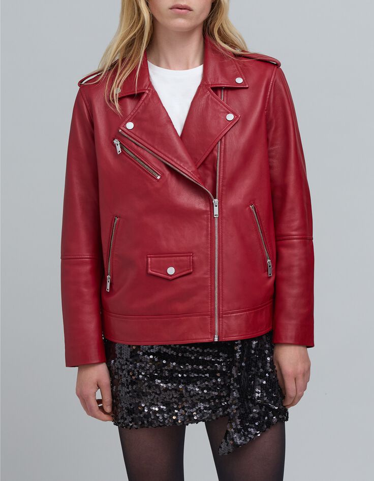 Veste cuir rouge esprit motard poches zippées Femme-5 Veste cuir rouge esprit motard poches zippées Femme-5