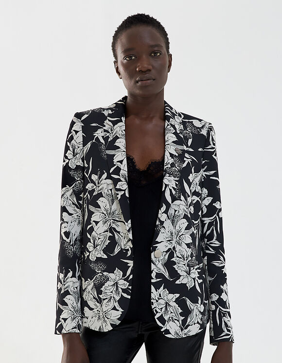 Women’s black and white floral print crepe suit jacket
