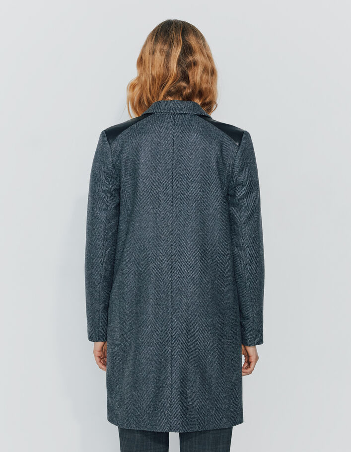 Manteau gris en lainage chevron avec épaulettes en cuir femme-2