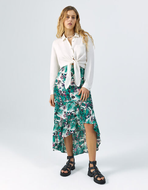 Women’s green plant print asymmetric skirt