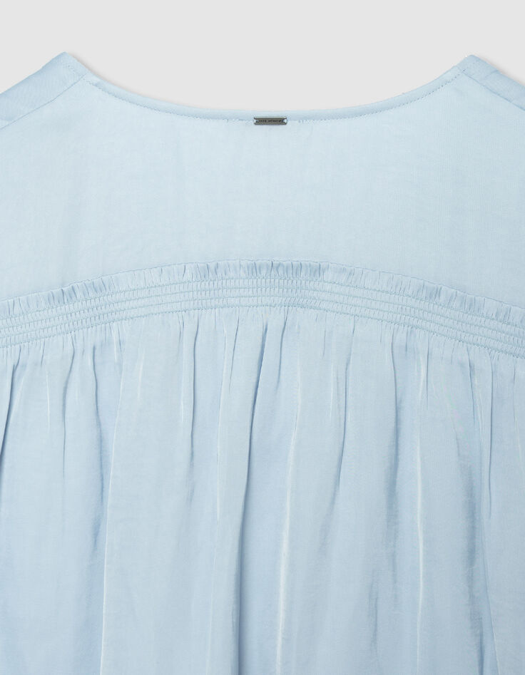 Top bleu satin&eacute; d&eacute;tails smocks Femme-7